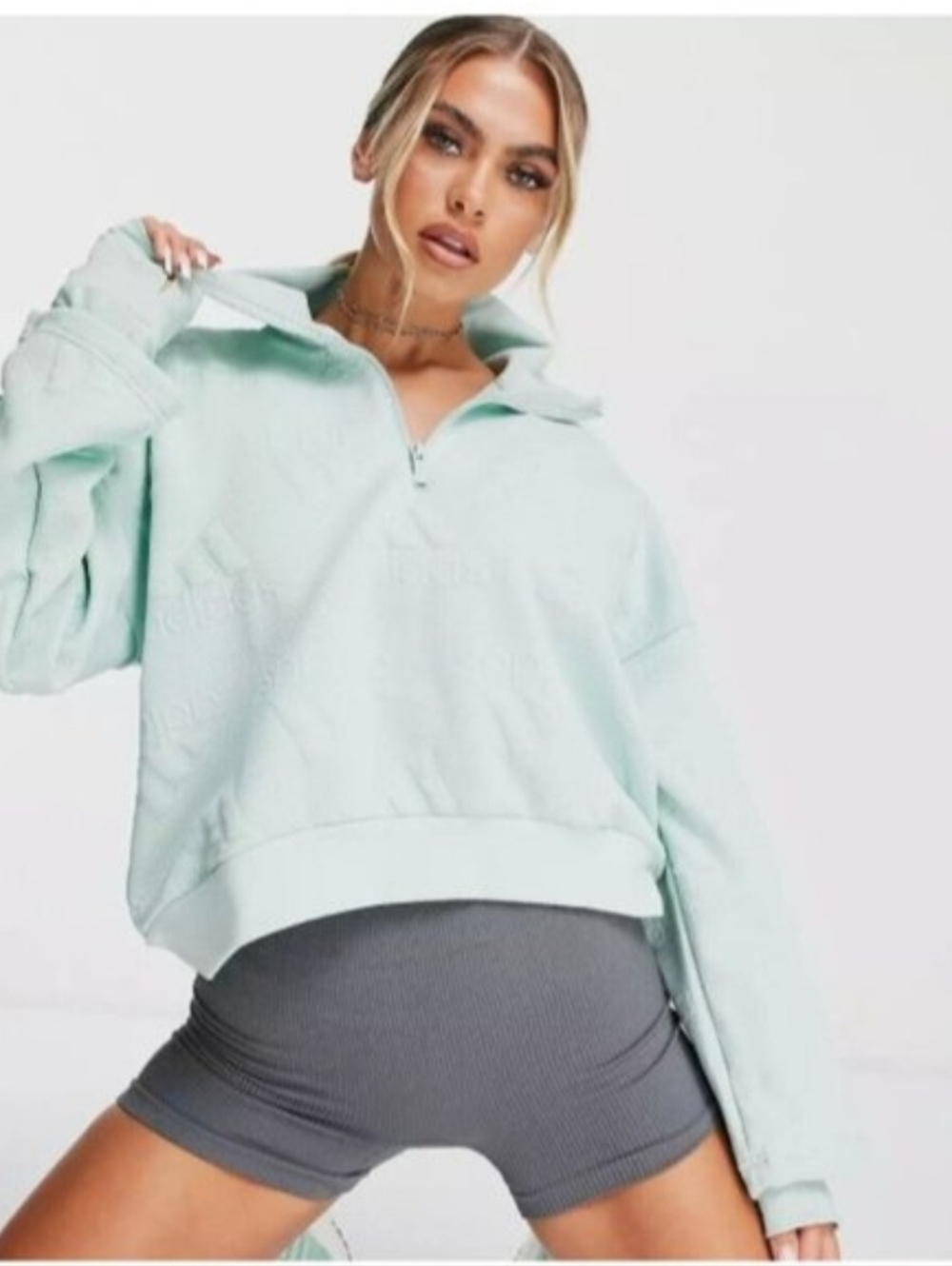 Adidas Mint Aeroready Jacquard Logo High Neck Sweatshirt Slight Crop 1/4 Zip XL